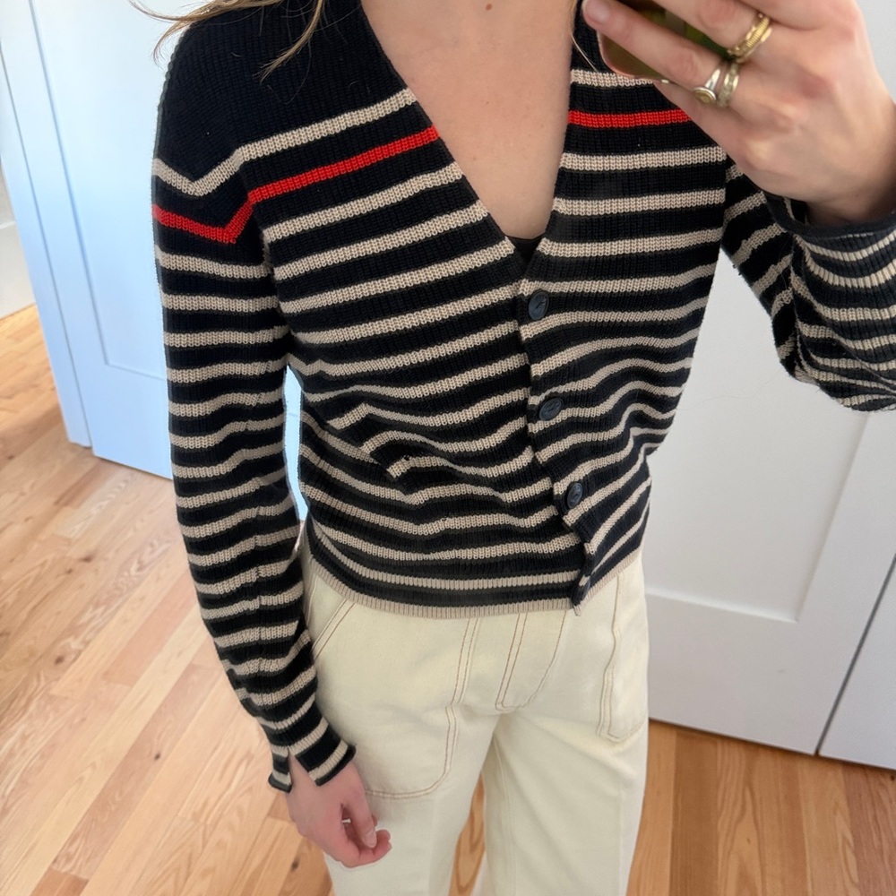 Rag & Bone Navy and Beige Striped Cotton and Cashmere Cardigan with Red Accent